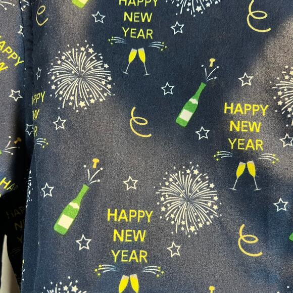 Simon Banks Shirt Mens Medium Button Up Happy New Year Print Party Holiday Blue - Picture 7 of 9